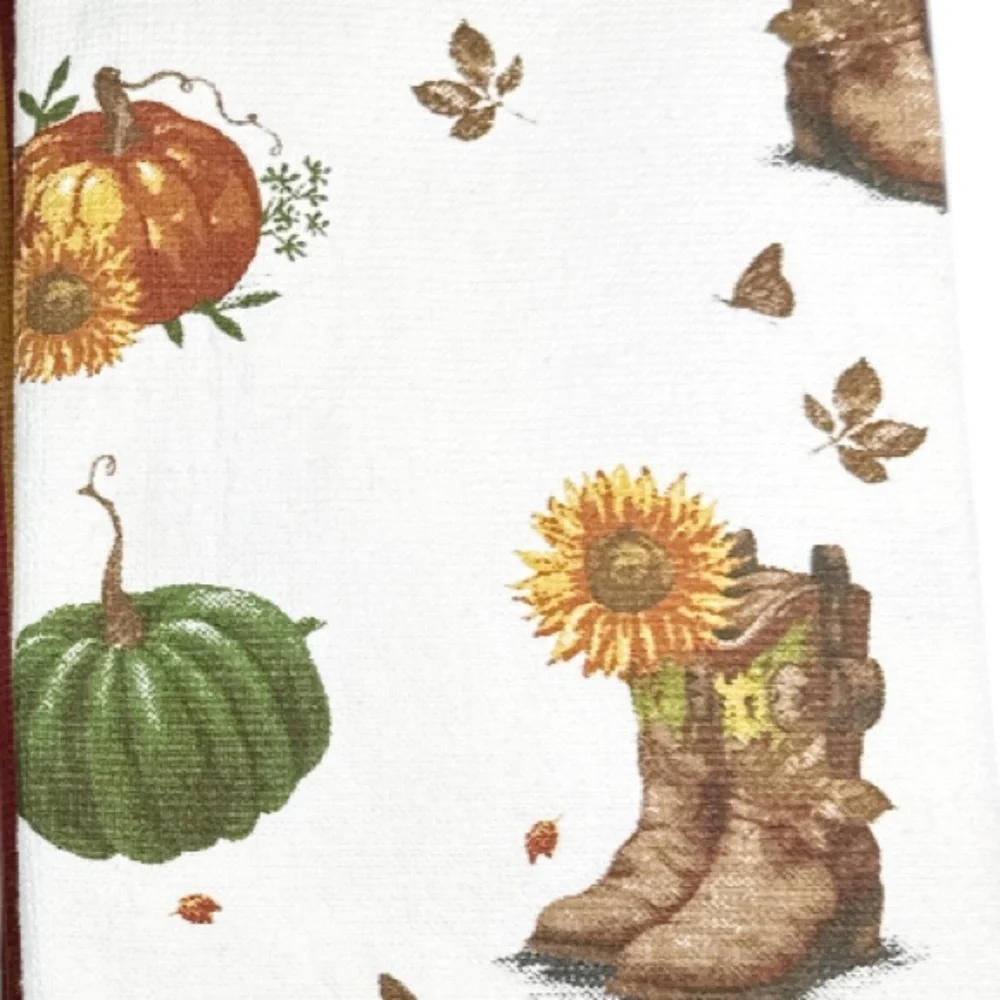 NEW Shabby Chic COWBOY BOOTS & PUMPKINS Kitchen Towel Set/3